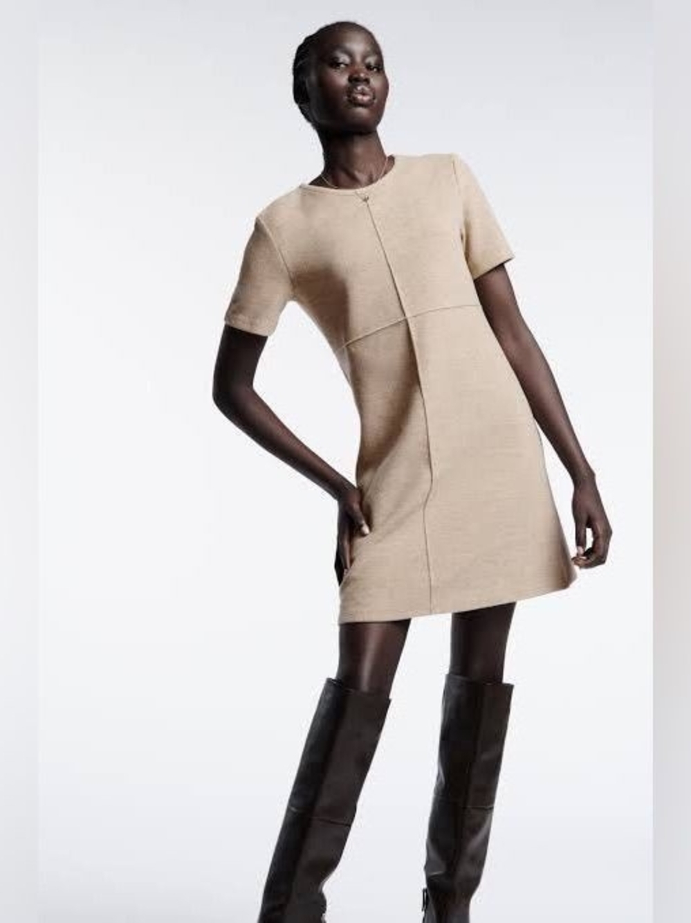Zara Beige Short-Sleeve Shift Dress